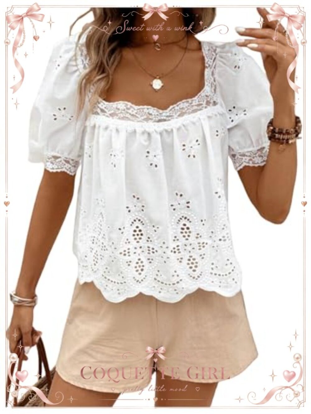 SweatyRocks Square Neck Puff Sleeve Eyelet Lace Embroidered Top Blouse